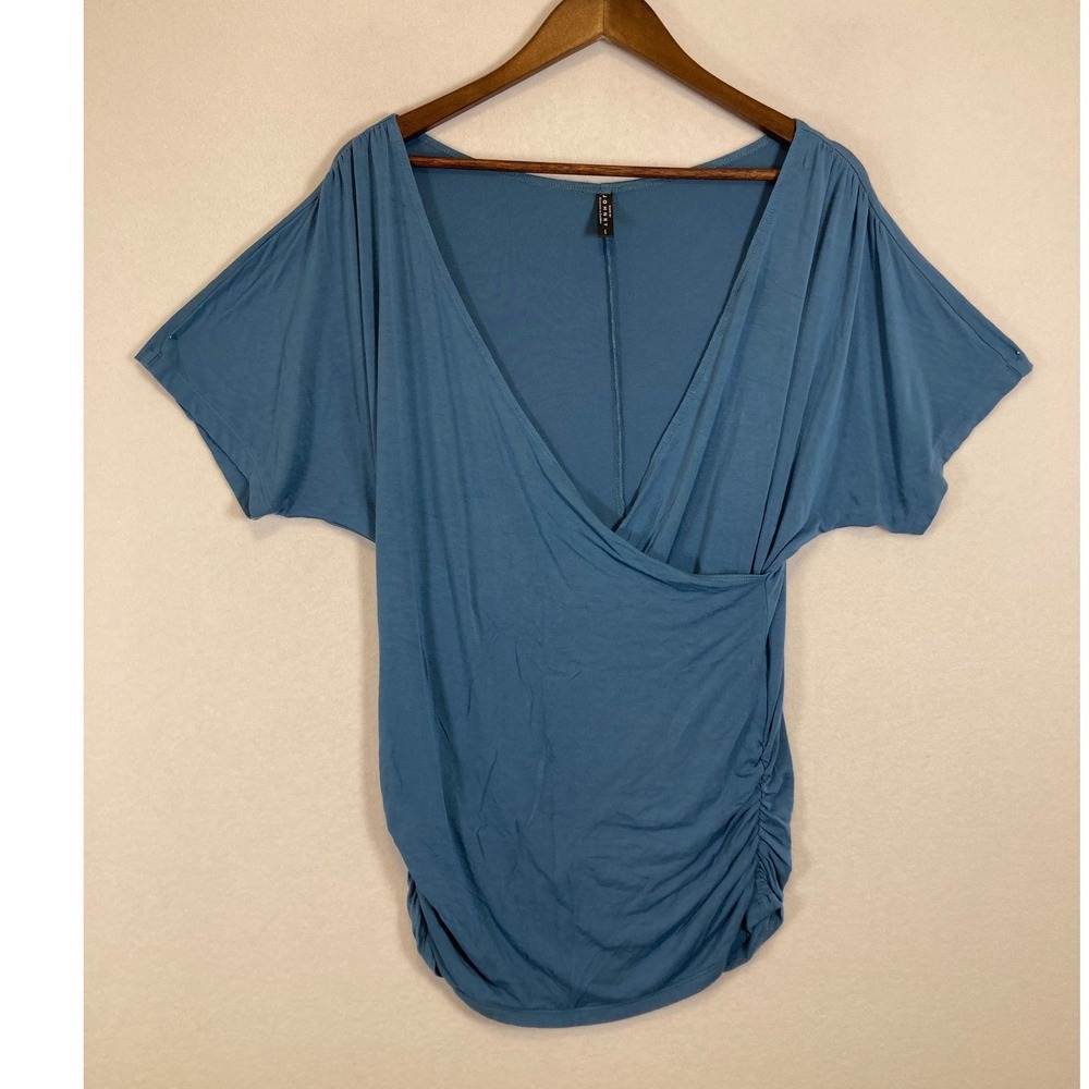 Chic Ruched Made By Johnny Women L‎ Blue Wrap Dolman V-Neck Top WT1118